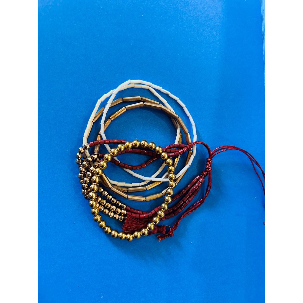 Beaded Bracelet Set Women OS Gold Red White Excellent Stackable Tassel